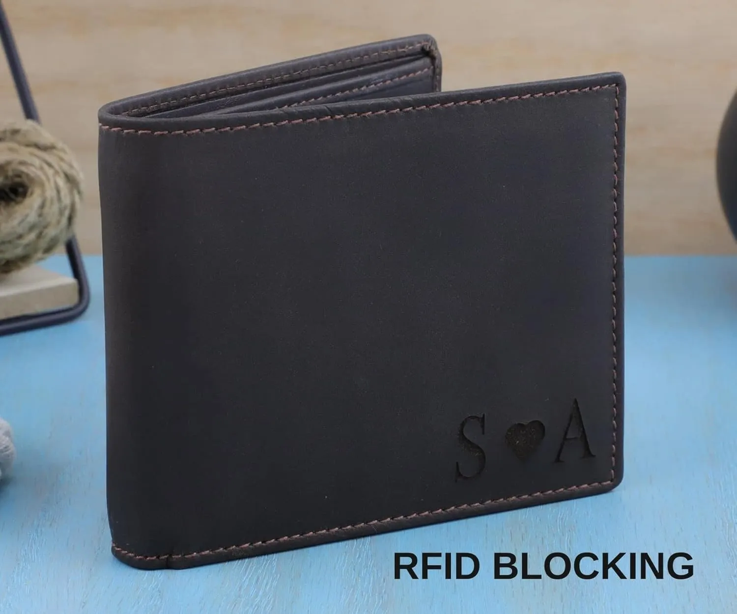 Men Dark Brown Genuine Leather RFID Blocking Personalized Bifold Wallet with ID Window, Engraved Wallet for Men & Gift Box