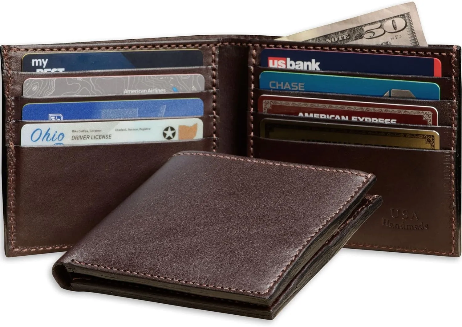Mens Bifold Wallet Case, 8 Credit Card Holder Slots, Full Grain Bridle Genuine Leather, Made in USA, Brown