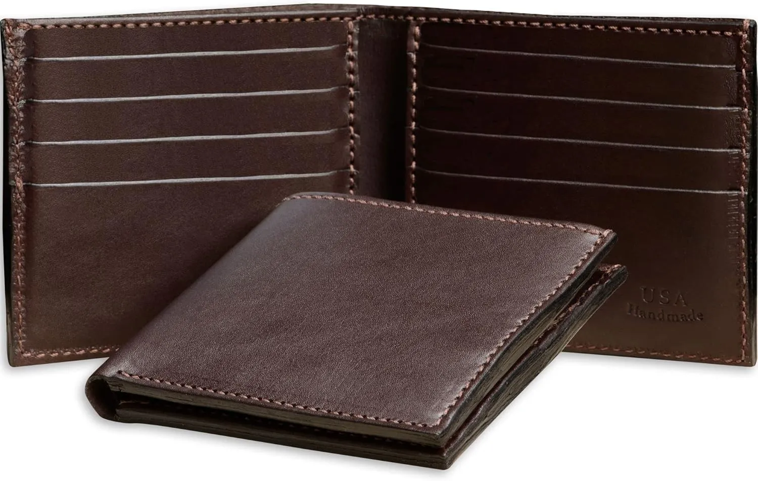 Mens Bifold Wallet Case, 8 Credit Card Holder Slots, Full Grain Bridle Genuine Leather, Made in USA, Brown