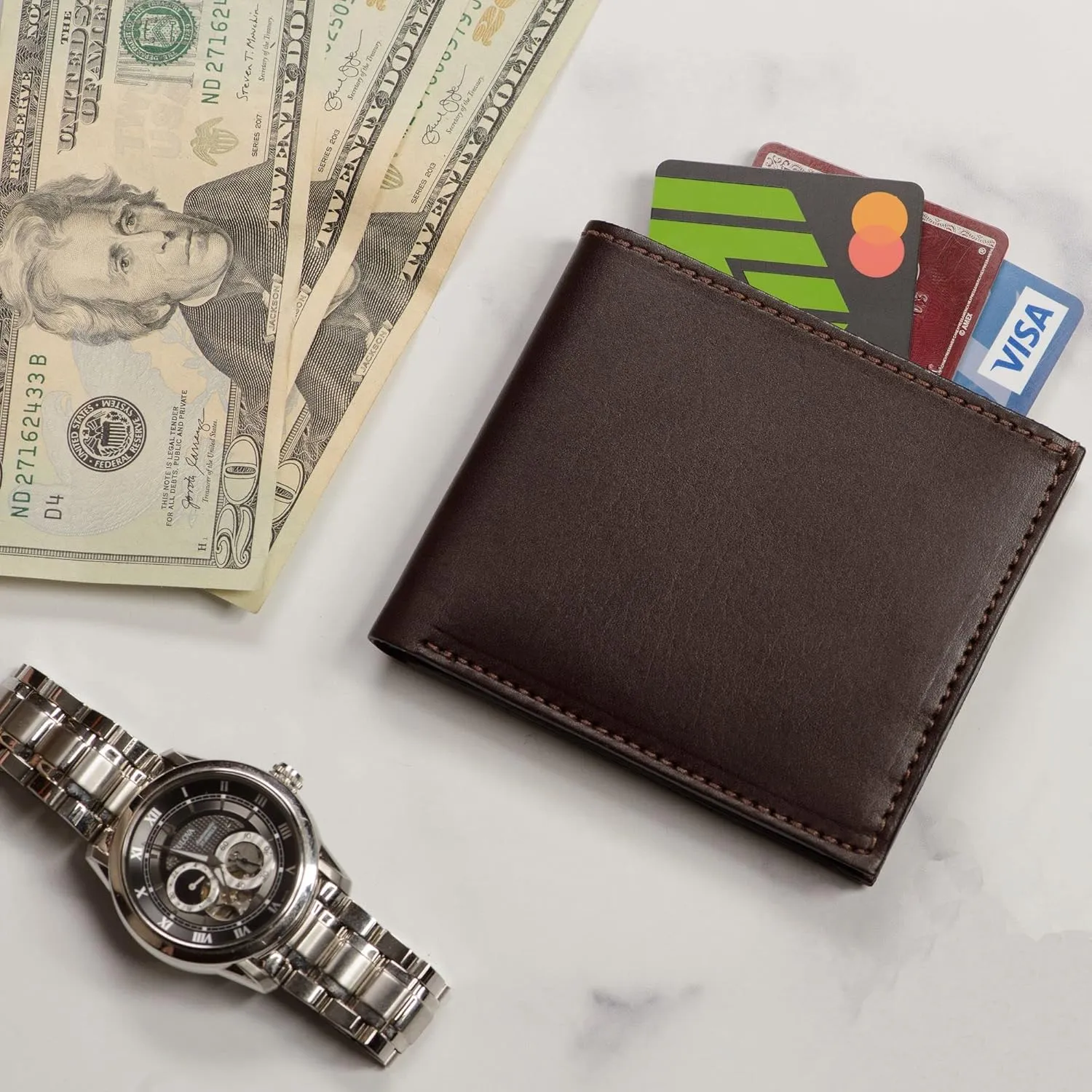 Mens Bifold Wallet Case, 8 Credit Card Holder Slots, Full Grain Bridle Genuine Leather, Made in USA, Brown