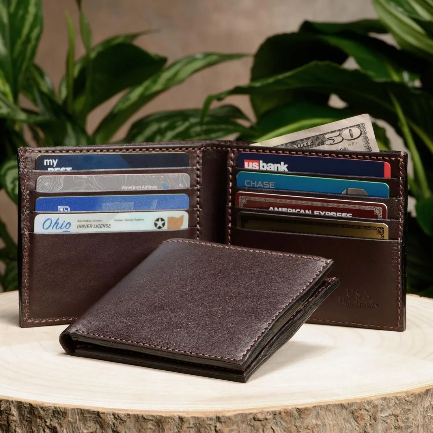 Mens Bifold Wallet Case, 8 Credit Card Holder Slots, Full Grain Bridle Genuine Leather, Made in USA, Brown