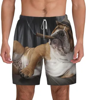 Mens Double Layer Swim Trunks Bulldog Resting Leather Chair with A Cigar Board Short with Mesh Lining Swimwear 56