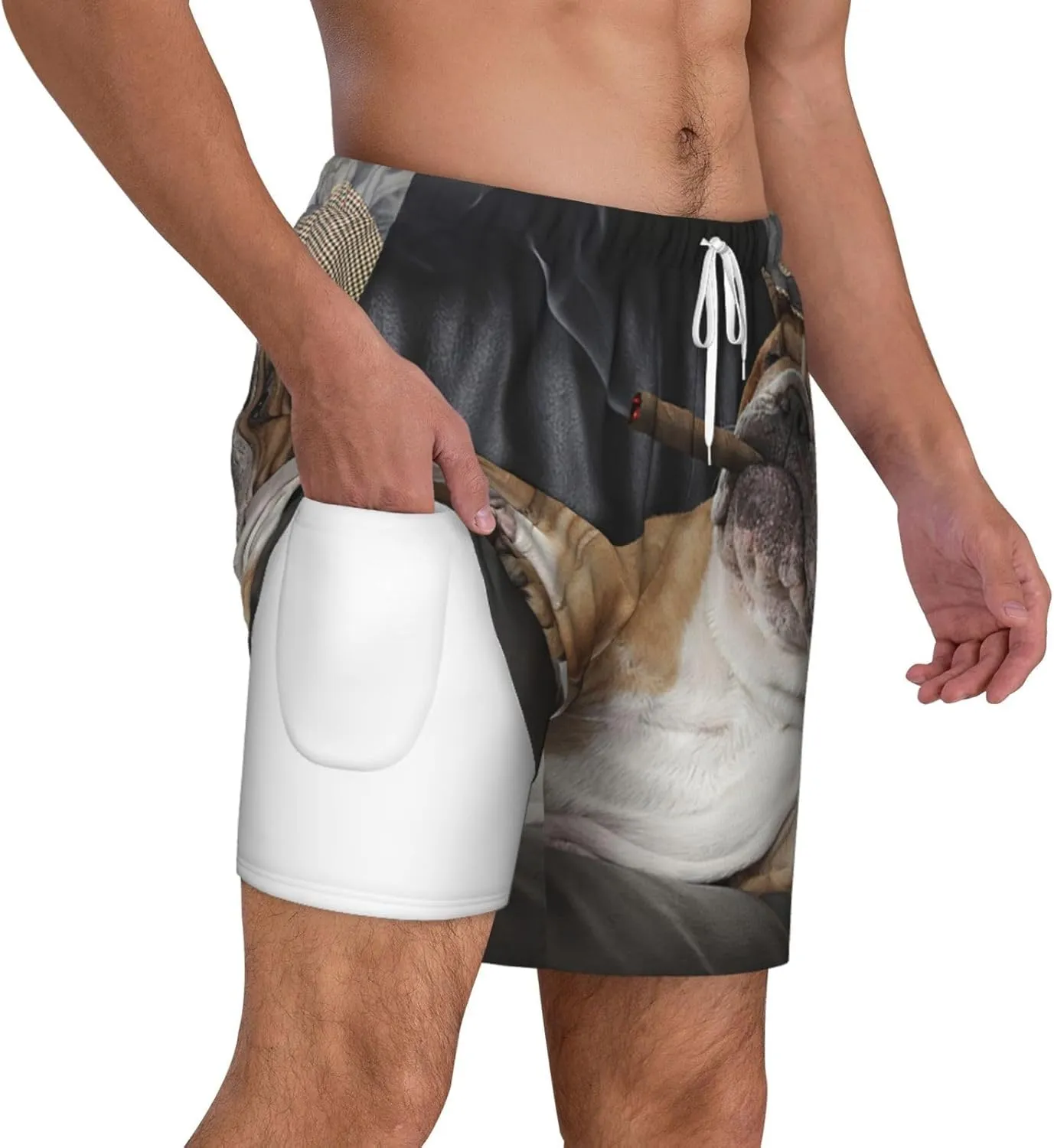 Mens Double Layer Swim Trunks Bulldog Resting Leather Chair with A Cigar Board Short with Mesh Lining Swimwear 56