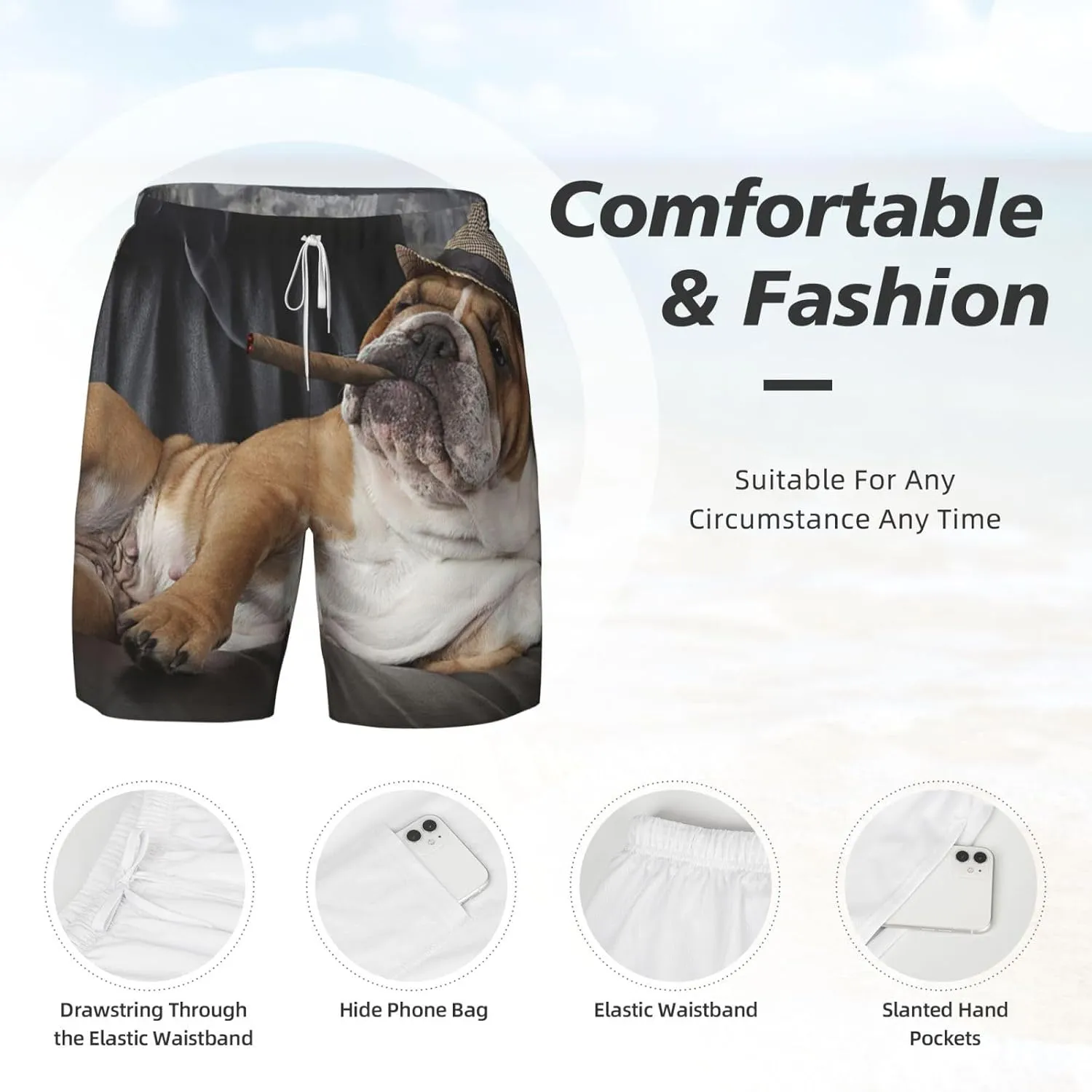 Mens Double Layer Swim Trunks Bulldog Resting Leather Chair with A Cigar Board Short with Mesh Lining Swimwear 56