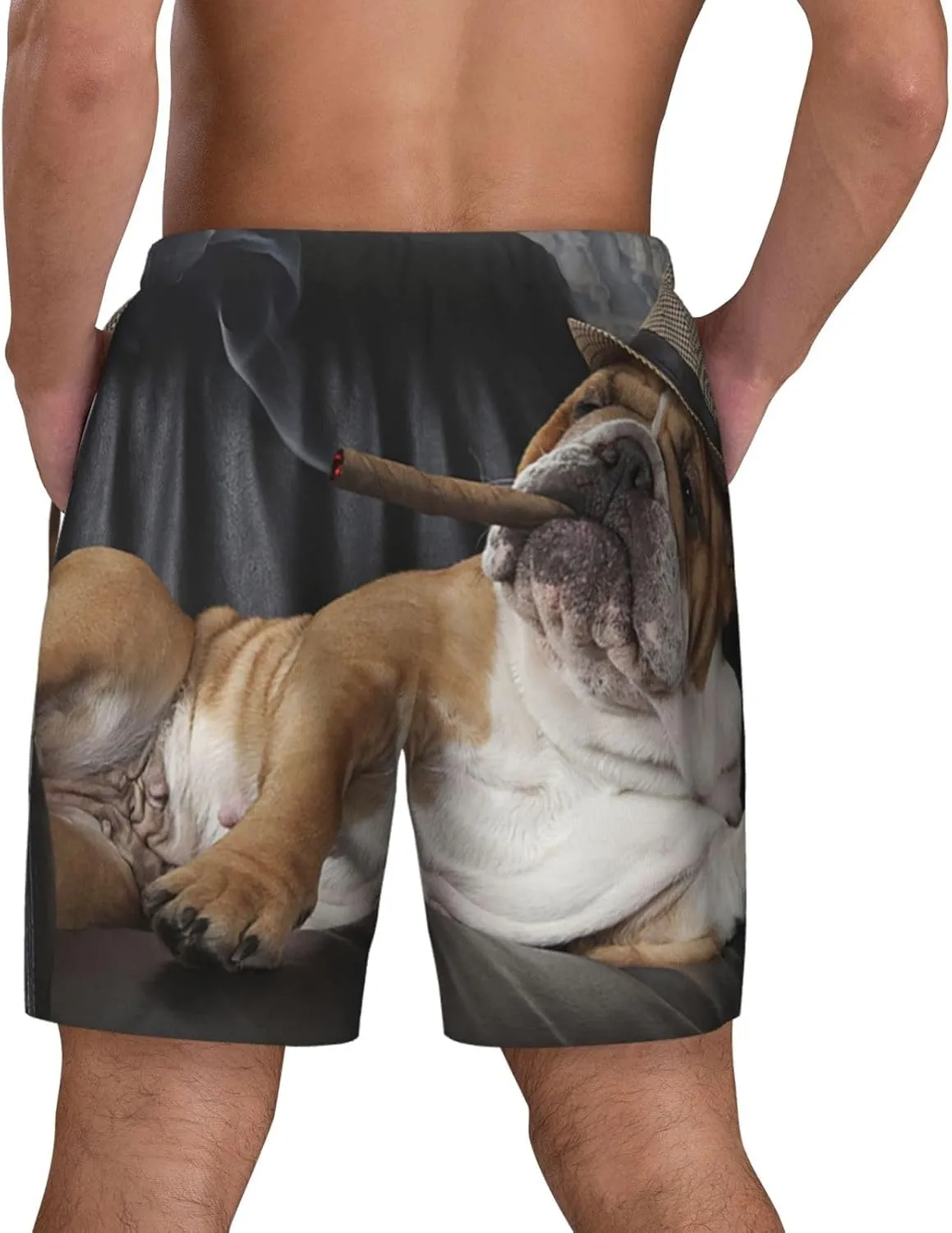Mens Double Layer Swim Trunks Bulldog Resting Leather Chair with A Cigar Board Shorts with Mesh Lining Swimwear 56