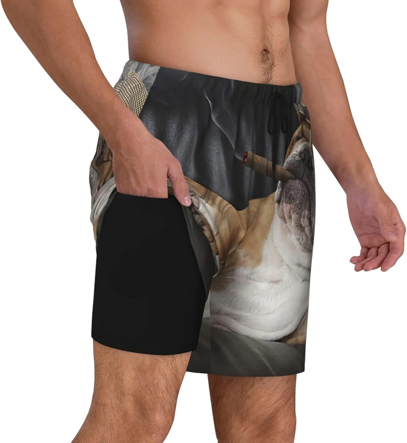 Mens Double Layer Swim Trunks Bulldog Resting Leather Chair with A Cigar Board Shorts with Mesh Lining Swimwear 56