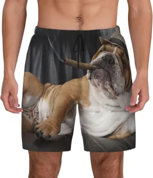 Mens Double Layer Swim Trunks Bulldog Resting Leather Chair with A Cigar Board Shorts with Mesh Lining Swimwear 56