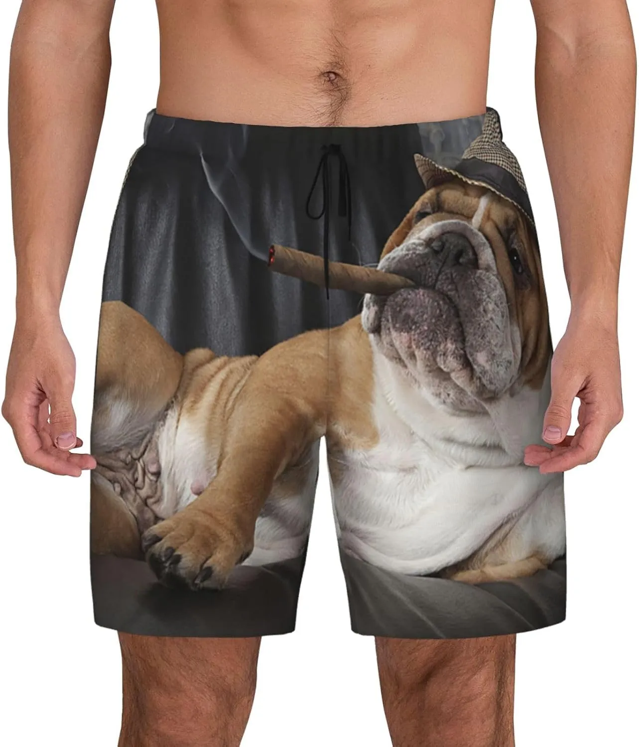 Mens Double Layer Swim Trunks Bulldog Resting Leather Chair with A Cigar Board Shorts with Mesh Lining Swimwear 56