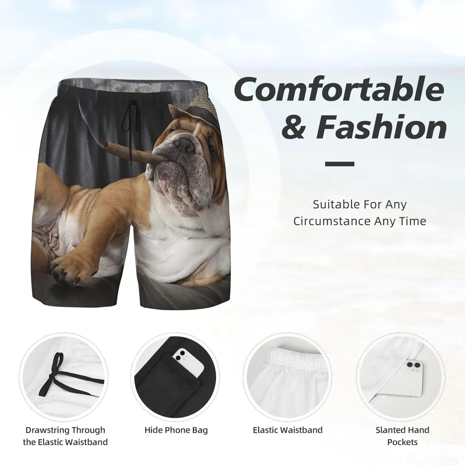 Mens Double Layer Swim Trunks Bulldog Resting Leather Chair with A Cigar Board Shorts with Mesh Lining Swimwear 56