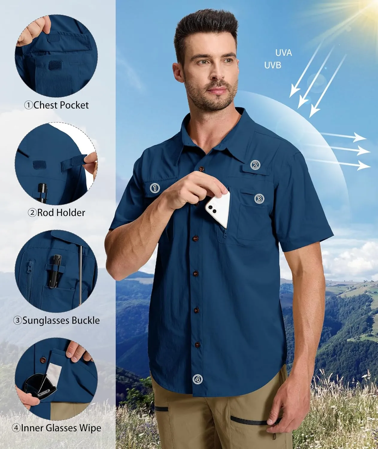 Men's Fishing Shirt Sun Protection Short Sleeve Cooling Button Down Shirts for Hiking Travel