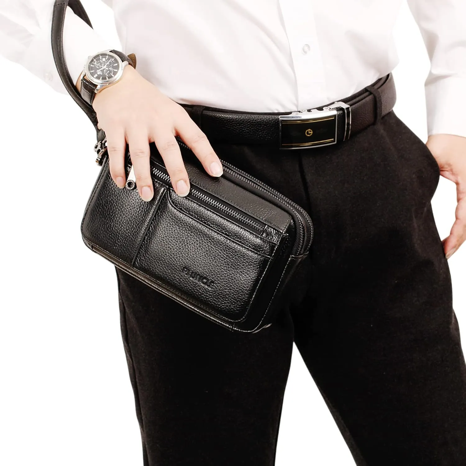 Mens Leather Clutch Organizer Wrist Bag Wallet with Credit Card Protector Slots