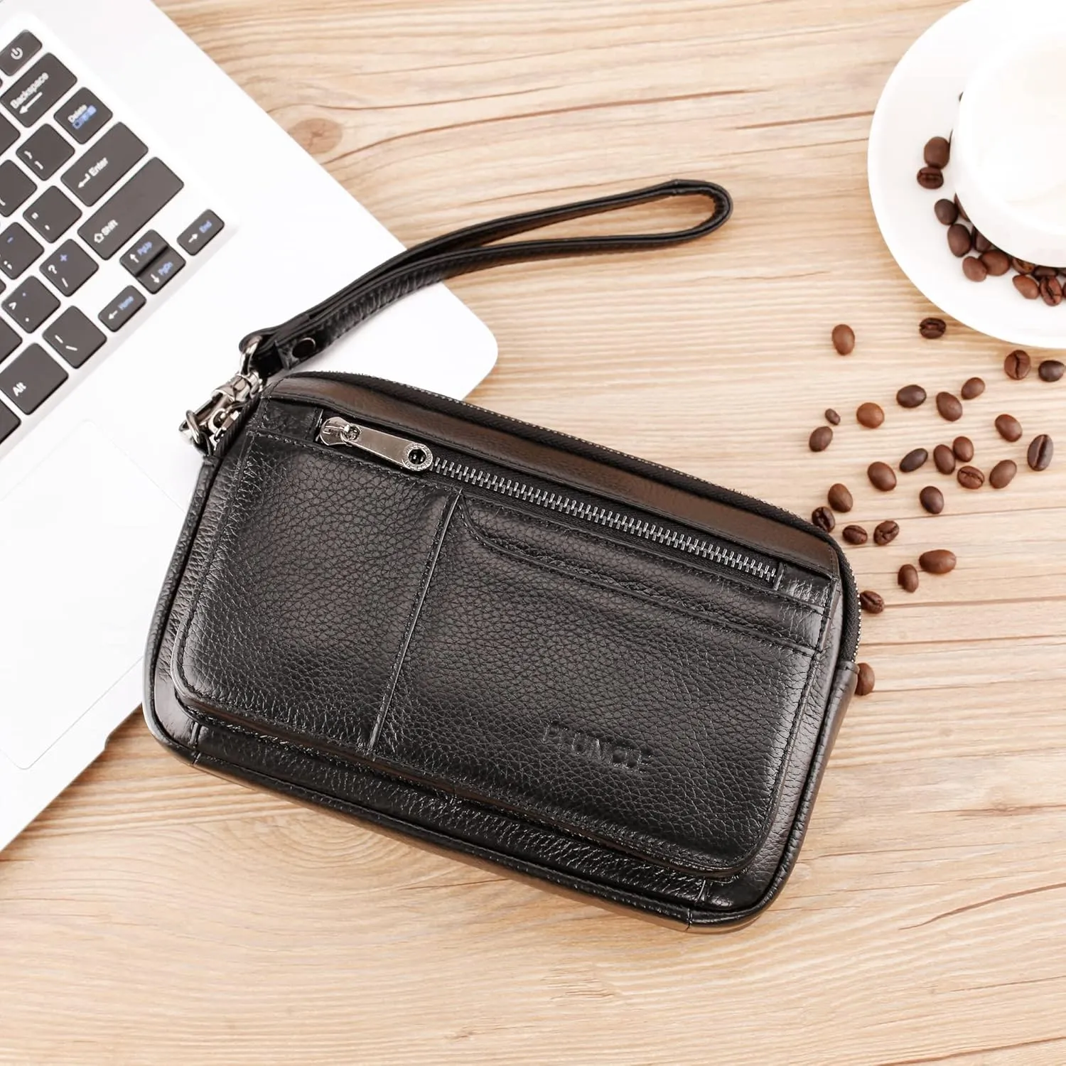 Mens Leather Clutch Organizer Wrist Bag Wallet with Credit Card Protector Slots