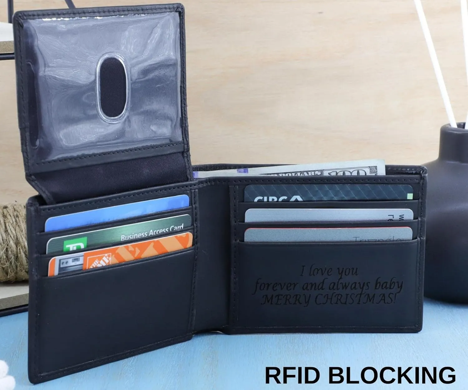 Men's Real Leather Custom Bifold Wallet, RFID Blocking Customized wallet With ID Window, Genuine Leather Credit Card Holder for Men with Gift Box (Black)
