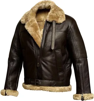 Men's Sheepskin Leather Jacket Sheepskin Winter Aviator Jacket Vintage Sheepskin Leather (Color : Brown, Size : Large)