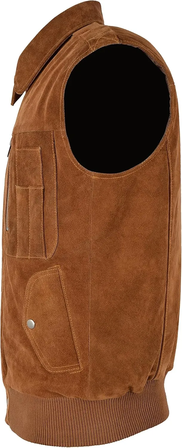 Men’s Tan Suede Leather Vest Fashion Button Classic Collar Waistcoat 8512