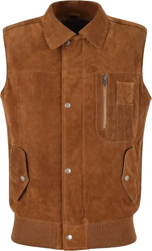 Men’s Tan Suede Leather Vest Fashion Button Classic Collar Waistcoat 8512