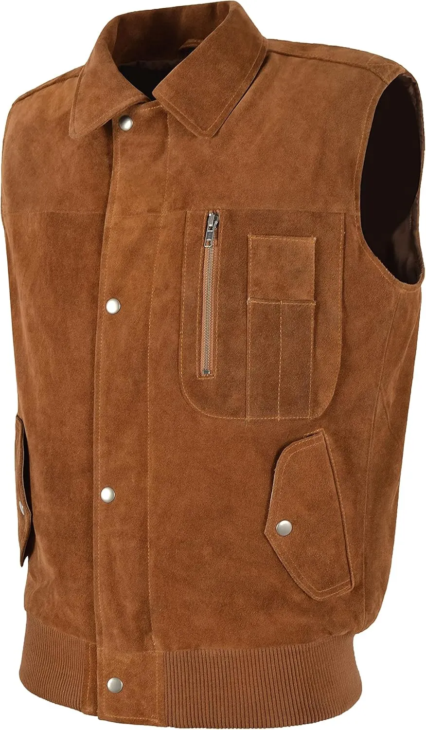 Men’s Tan Suede Leather Vest Fashion Button Classic Collar Waistcoat 8512