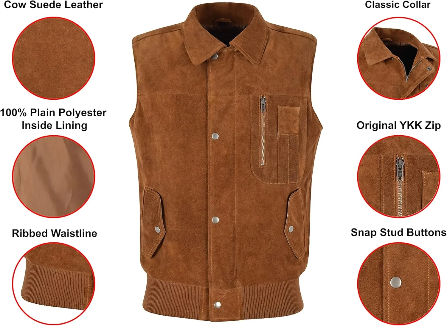 Men’s Tan Suede Leather Vest Fashion Button Classic Collar Waistcoat 8512