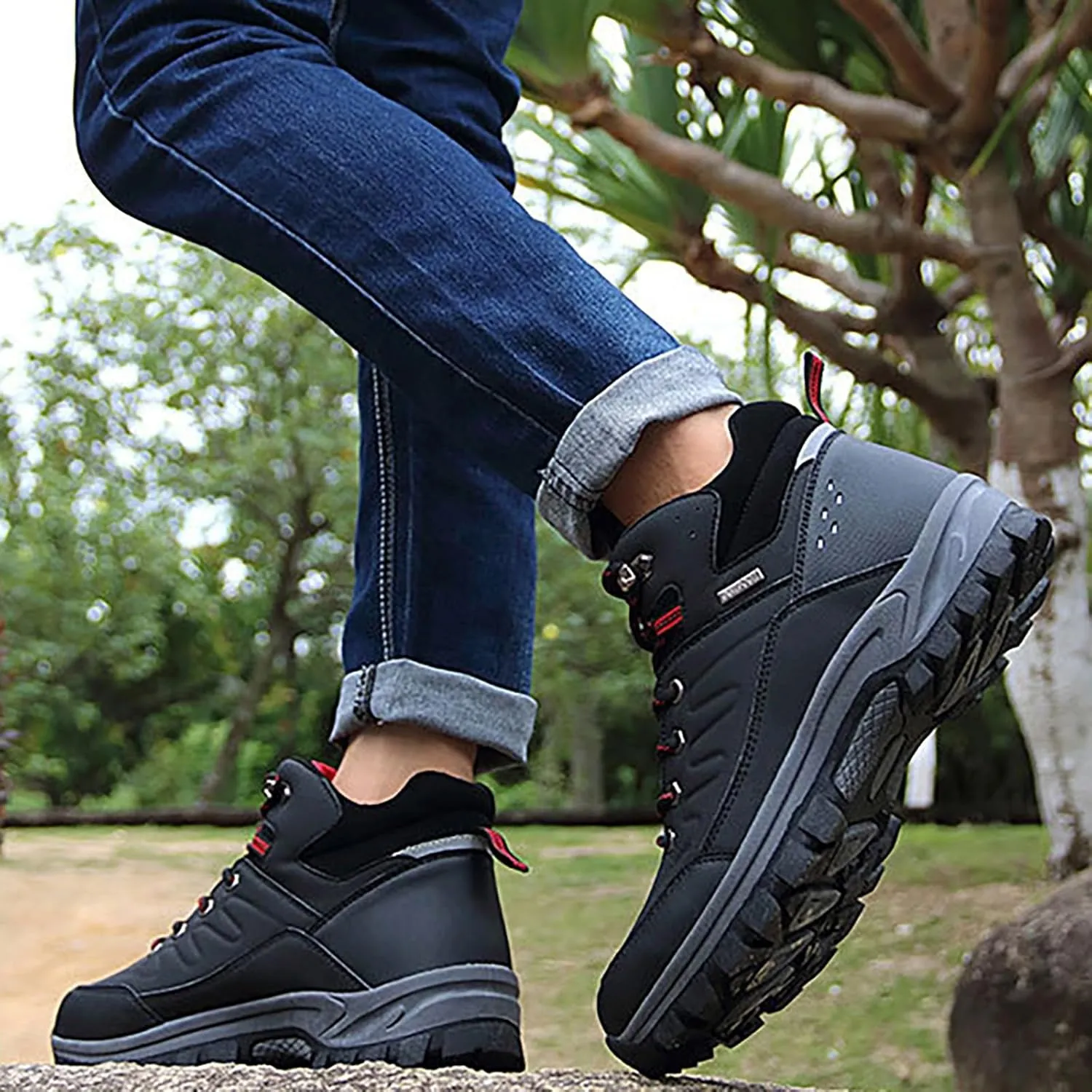 Men's Warm Snow Boots Non-Slip Outdoor Trekking Shoes Ankle High Waterproof Hiking Boots Backpacking Trails Shoes