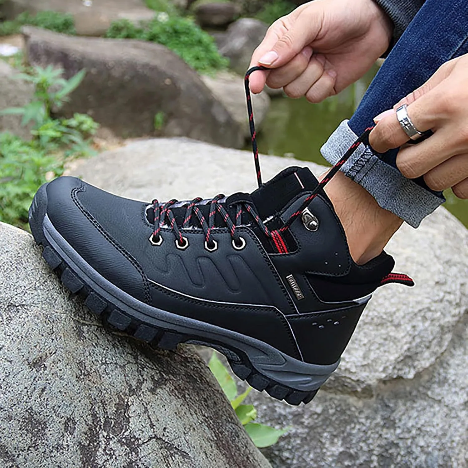 Men's Warm Snow Boots Non-Slip Outdoor Trekking Shoes Ankle High Waterproof Hiking Boots Backpacking Trails Shoes