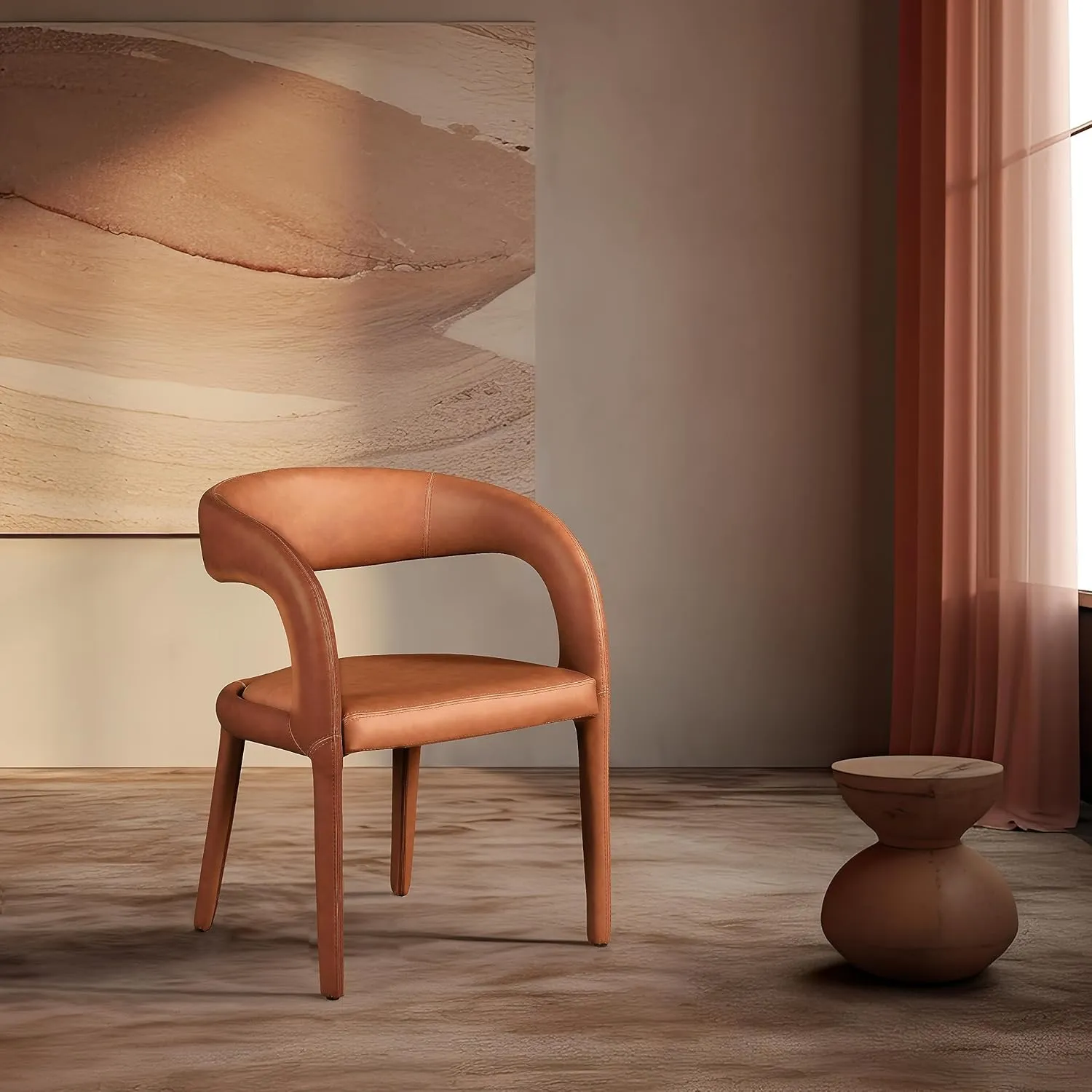Meridian Furniture 987Cognac-C Sylvester Collection Modern | Contemporary Vegan Leather Upholstered Dining Chair with Rounded Back, 23.5" W x 22" D x 31" H, Cognac