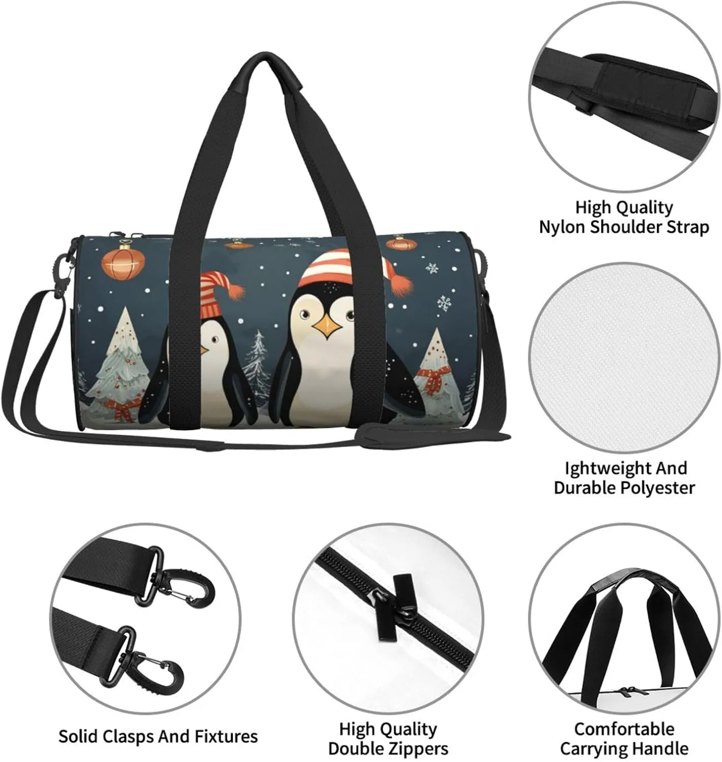 Merry Christmas Penguins Travel Duffle Bag for Men Women Sport Gym Bag Foldable Weekender Bag Carry on Overnight Bag for Travel Swimming Basketball