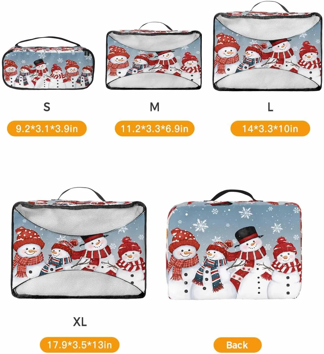 Merry Xmas Red Lovely Snowman 4 Set Packing Cubes, Winter Snowflake Pastoral Sky Blue Packing Cubes for Carry on Suitcase Travel Essential Bag for Clothes Shoes Cosmetics Toiletry