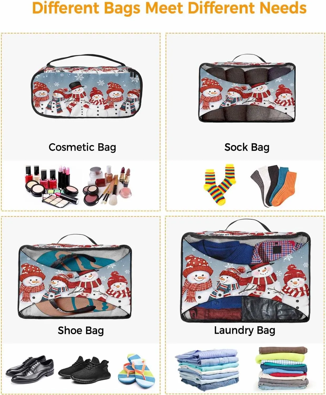 Merry Xmas Red Lovely Snowman 4 Set Packing Cubes, Winter Snowflake Pastoral Sky Blue Packing Cubes for Carry on Suitcase Travel Essential Bag for Clothes Shoes Cosmetics Toiletry