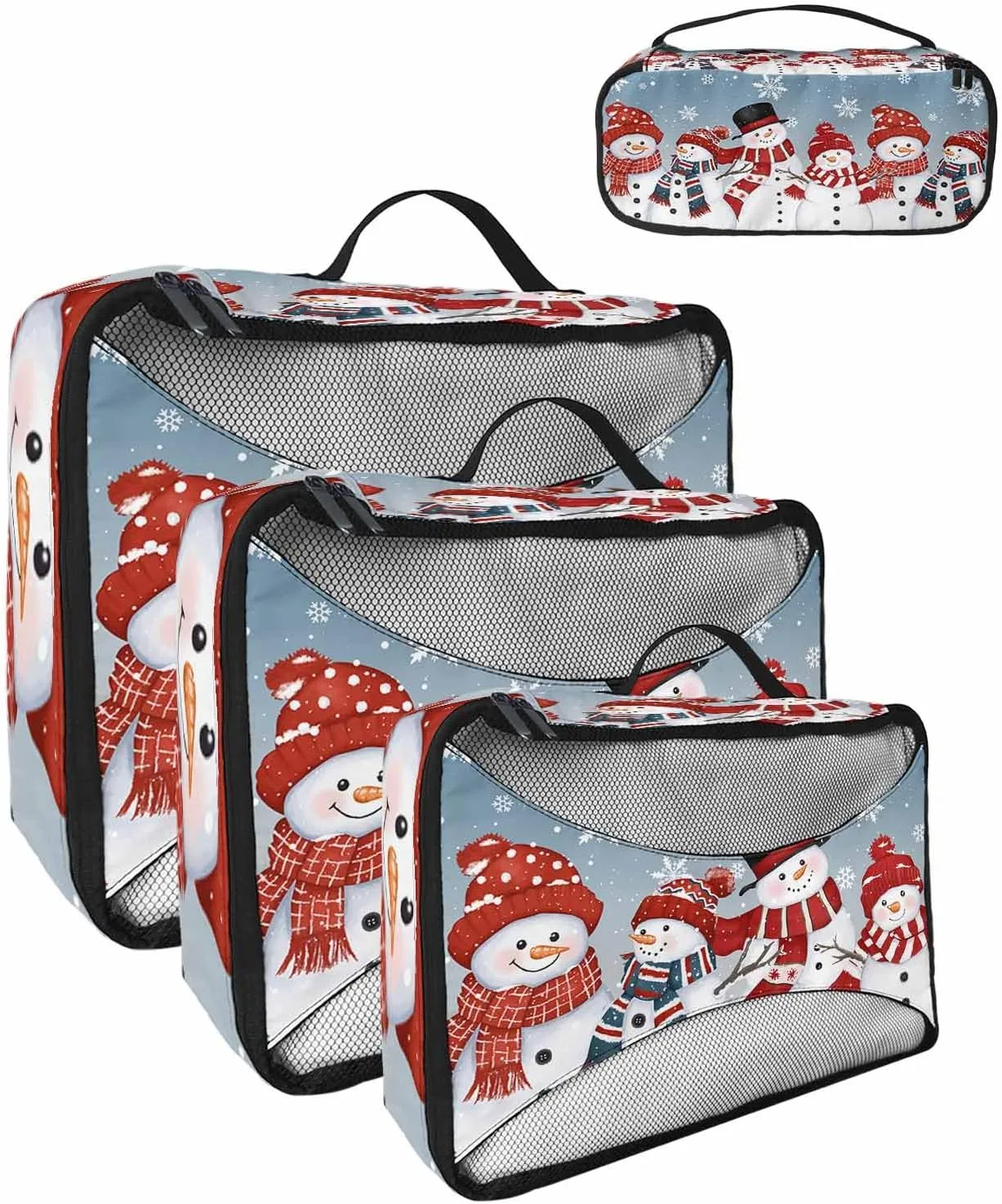 Merry Xmas Red Lovely Snowman 4 Set Packing Cubes, Winter Snowflake Pastoral Sky Blue Packing Cubes for Carry on Suitcase Travel Essential Bag for Clothes Shoes Cosmetics Toiletry
