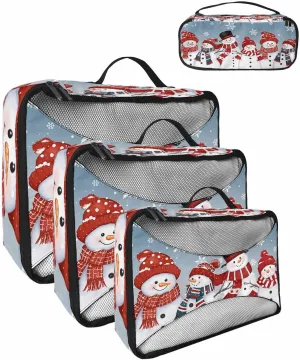 Merry Xmas Red Lovely Snowman 4 Set Packing Cubes, Winter Snowflake Pastoral Sky Blue Packing Cubes for Carry on Suitcase Travel Essential Bag for Clothes Shoes Cosmetics Toiletry