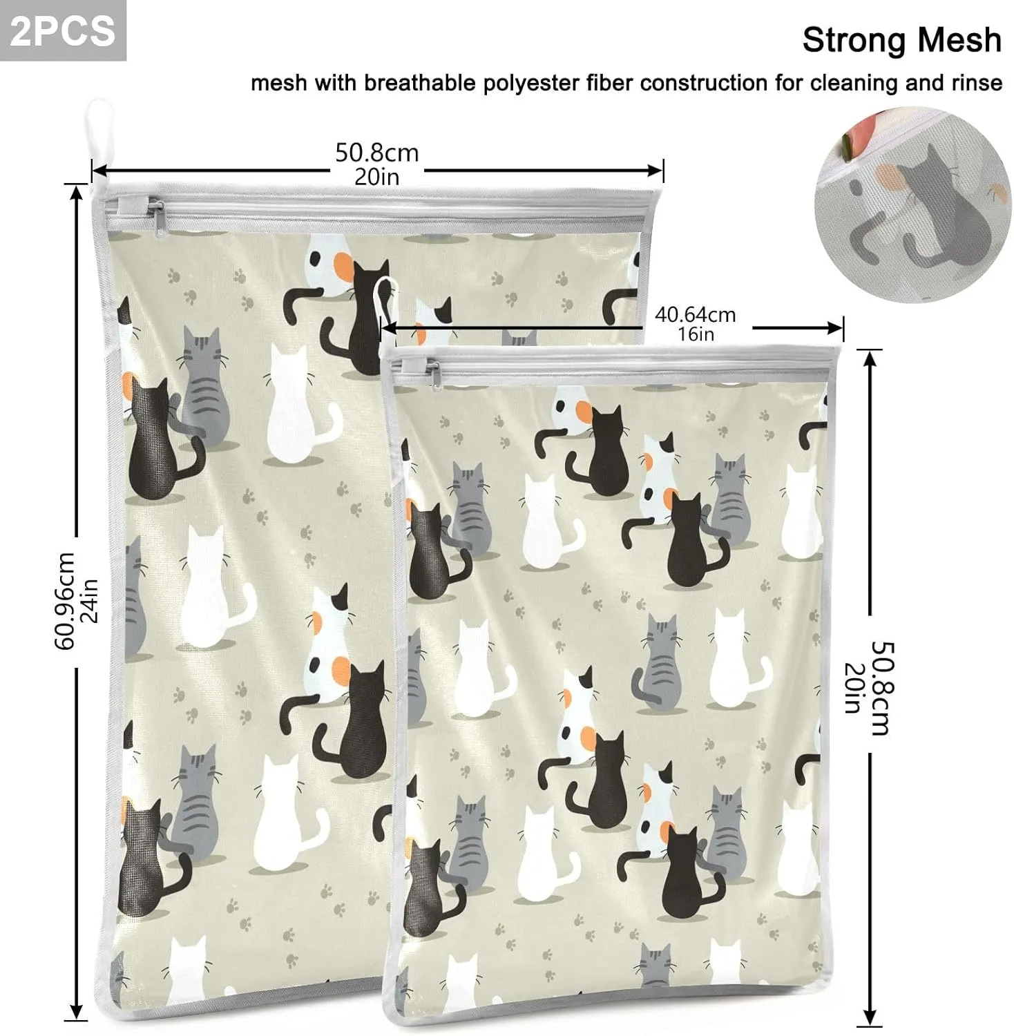 Mesh Laundry Bags Lingerie Bags for Washing Delicates 2 PCS Wash Bag with Zipper Small and Medium Washable Cats Green