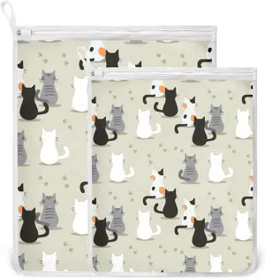 Mesh Laundry Bags Lingerie Bags for Washing Delicates 2 PCS Wash Bag with Zipper Small and Medium Washable Cats Green