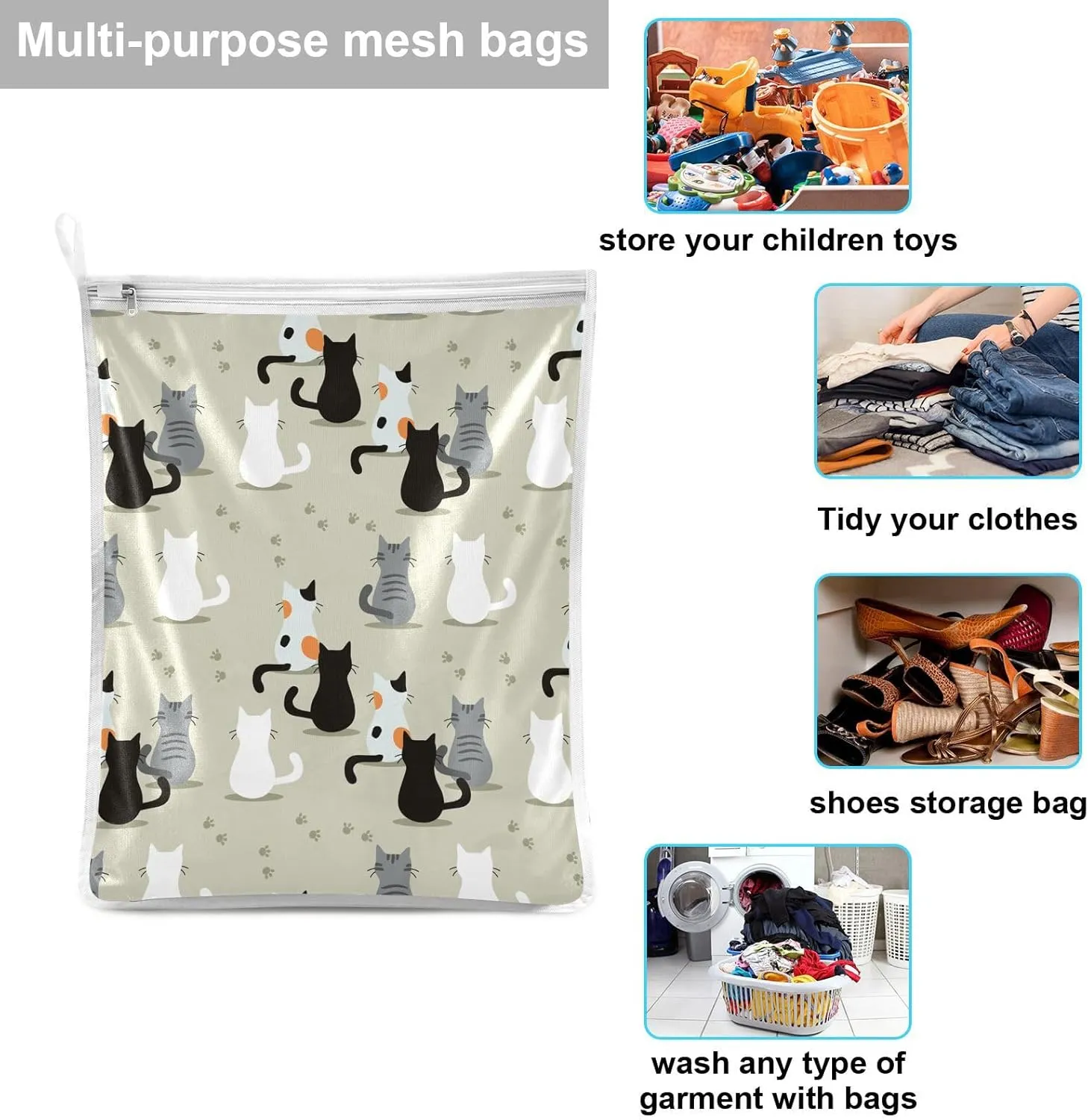 Mesh Laundry Bags Lingerie Bags for Washing Delicates 2 PCS Wash Bag with Zipper Small and Medium Washable Cats Green