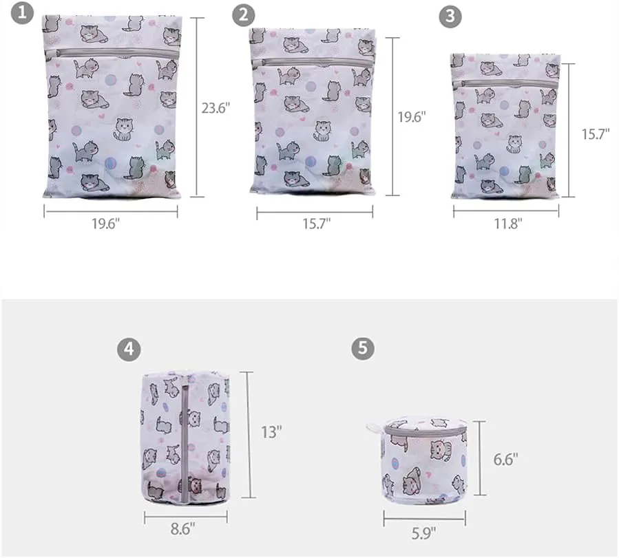 Mesh Laundry Bags,Set of 5 Delicate Laundry Bag for Washing Machine,Clothing Washing Bags with cat Prints,Garment Bags for Laundry,Lingerie Bag,Travel Storage Organize Bag (5 SET, CAT)