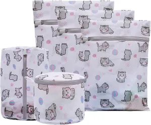 Mesh Laundry Bags,Set of 5 Delicate Laundry Bag for Washing Machine,Clothing Washing Bags with cat Prints,Garment Bags for Laundry,Lingerie Bag,Travel Storage Organize Bag (5 SET, CAT)
