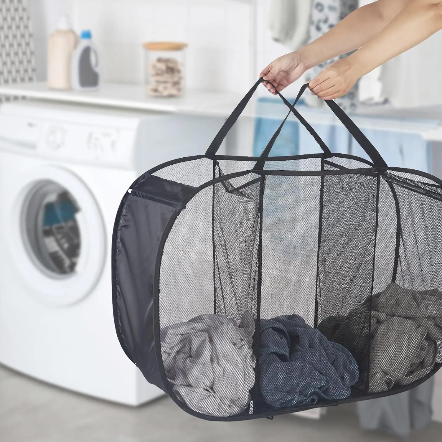 Mesh Popup Laundry Hamper 3 Compartment Sortable Horizontal Collapsible Laundry Basket for Clothes Laundry Room Bedroom Toys Travel (Black)