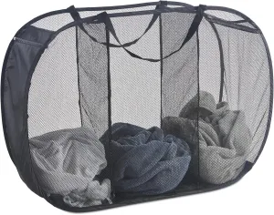 Mesh Popup Laundry Hamper 3 Compartment Sortable Horizontal Collapsible Laundry Basket for Clothes Laundry Room Bedroom Toys Travel (Black)