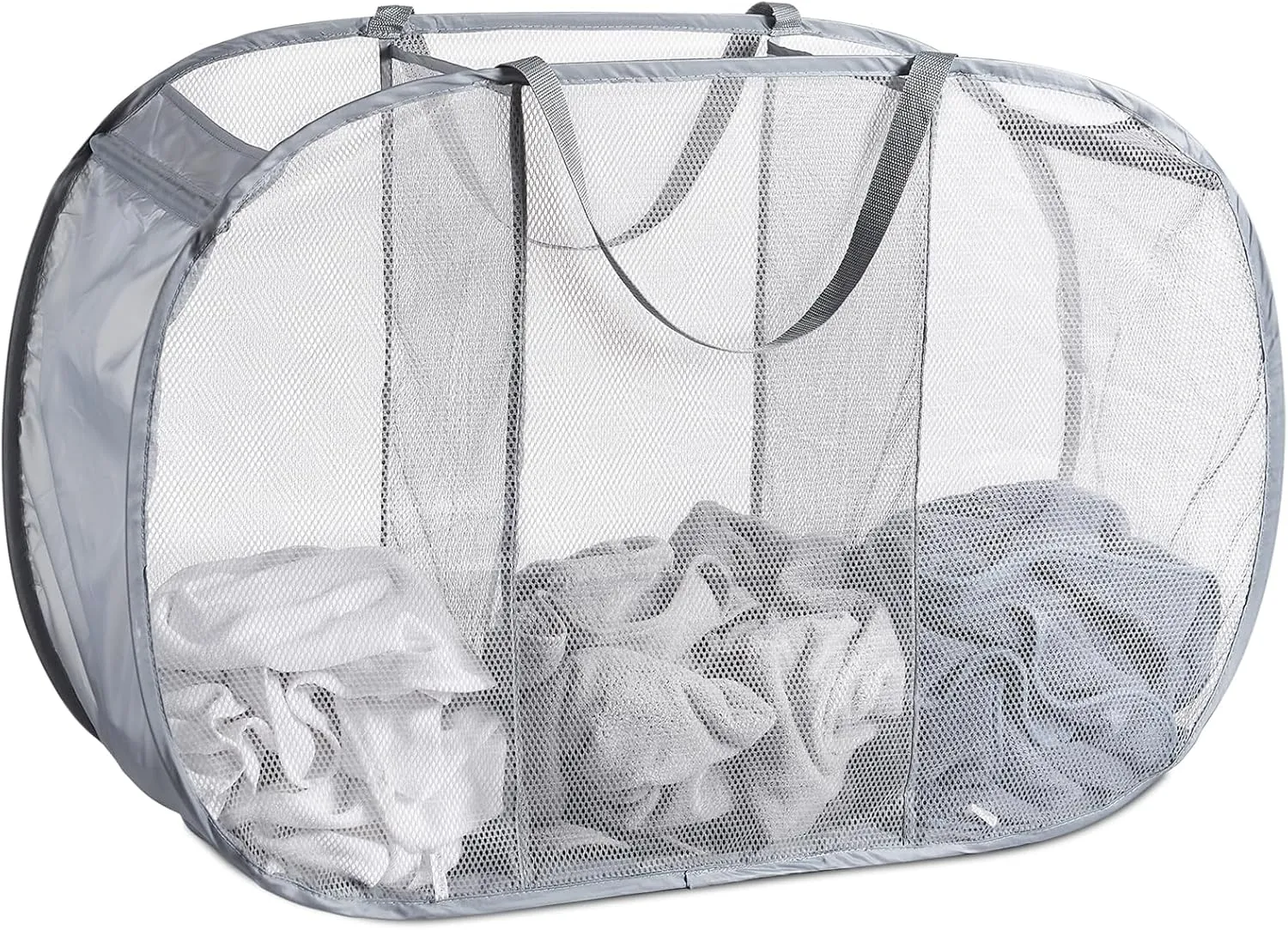 Mesh Popup Laundry Hamper 3 Compartment Sortable Horizontal Collapsible Laundry Basket for Clothes Laundry Room Bedroom Toys Travel (Gray)