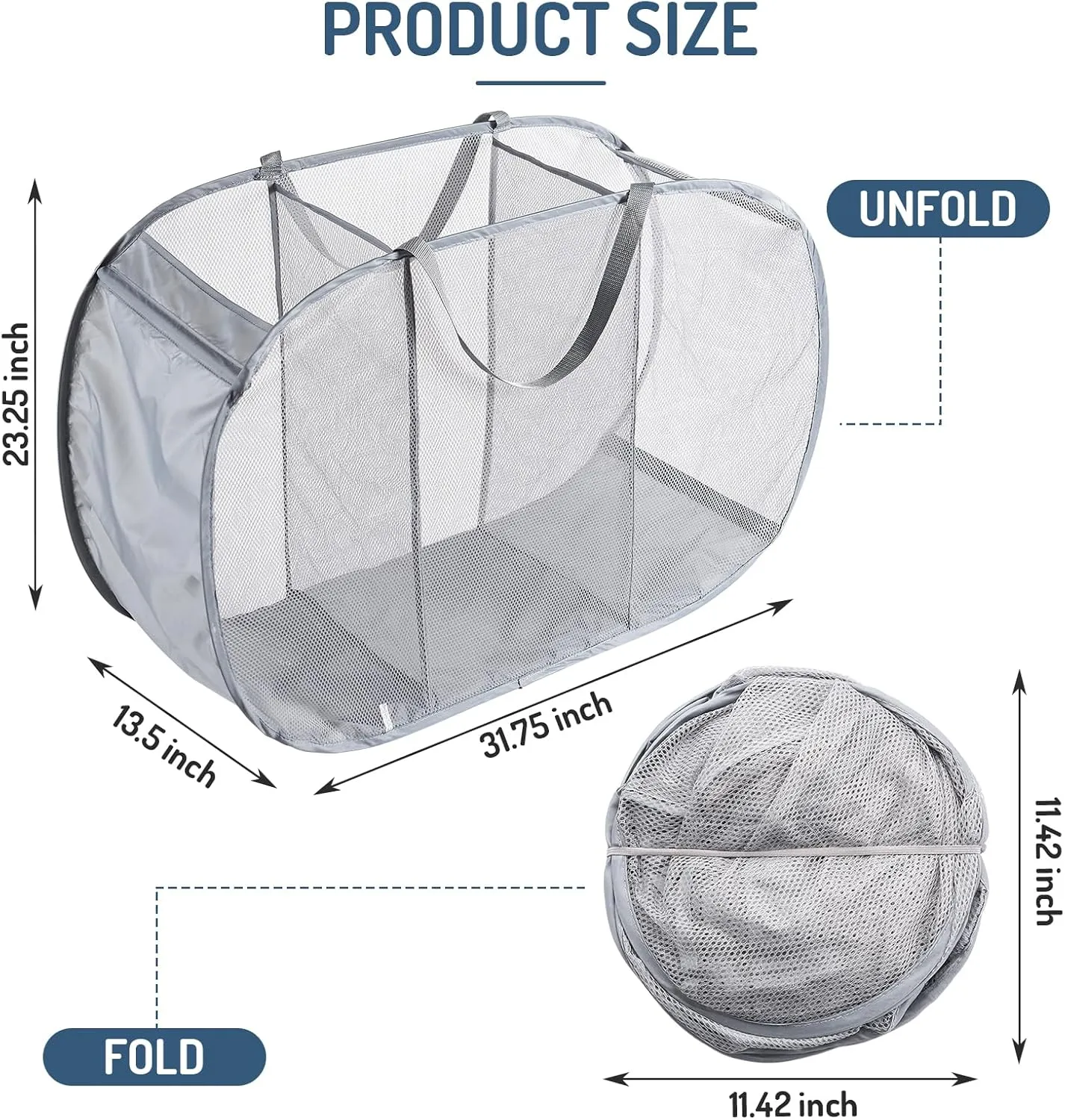 Mesh Popup Laundry Hamper 3 Compartment Sortable Horizontal Collapsible Laundry Basket for Clothes Laundry Room Bedroom Toys Travel (Gray)