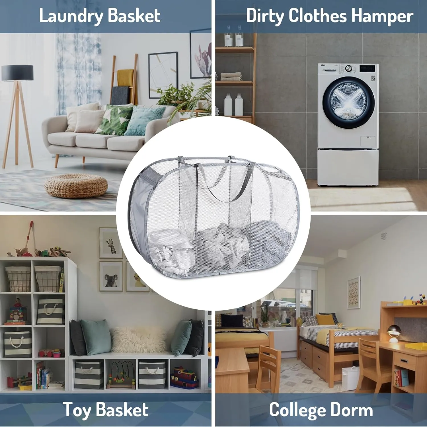 Mesh Popup Laundry Hamper 3 Compartment Sortable Horizontal Collapsible Laundry Basket for Clothes Laundry Room Bedroom Toys Travel (Gray)