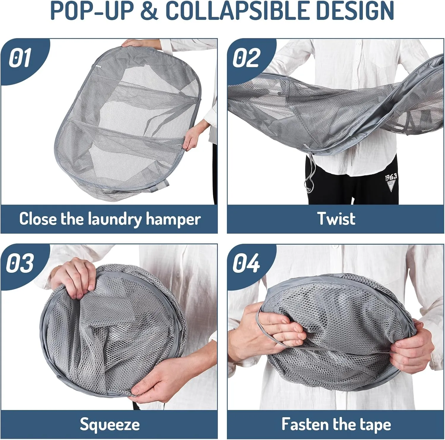 Mesh Popup Laundry Hamper 3 Compartment Sortable Horizontal Collapsible Laundry Basket for Clothes Laundry Room Bedroom Toys Travel (Gray)