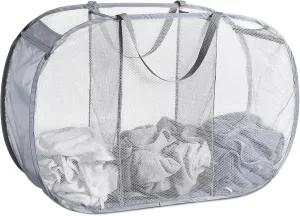 Mesh Popup Laundry Hamper 3 Compartment Sortable Horizontal Collapsible Laundry Basket for Clothes Laundry Room Bedroom Toys Travel (Gray)