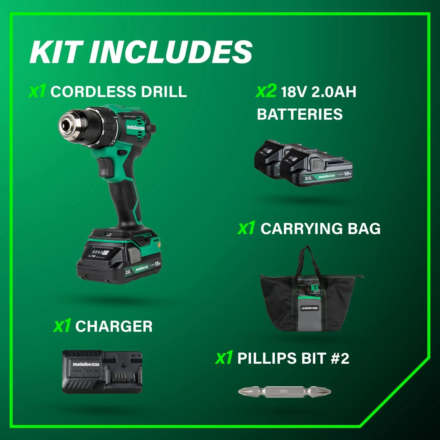 Metabo HPT 18V MultiVolt™ Cordless Driver Drill Kit | 620 in-lbs of Torque | Compact | Reactive Force Control | 22   1 Clutch Settings | LED Light | Belt Hook | Lifetime Tool Warranty | DS18DEX