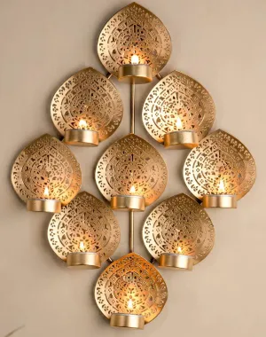 Metal Wall Mounted Nine Wen Tealight Candle Stand for Home and Wall Decoration (Golden)