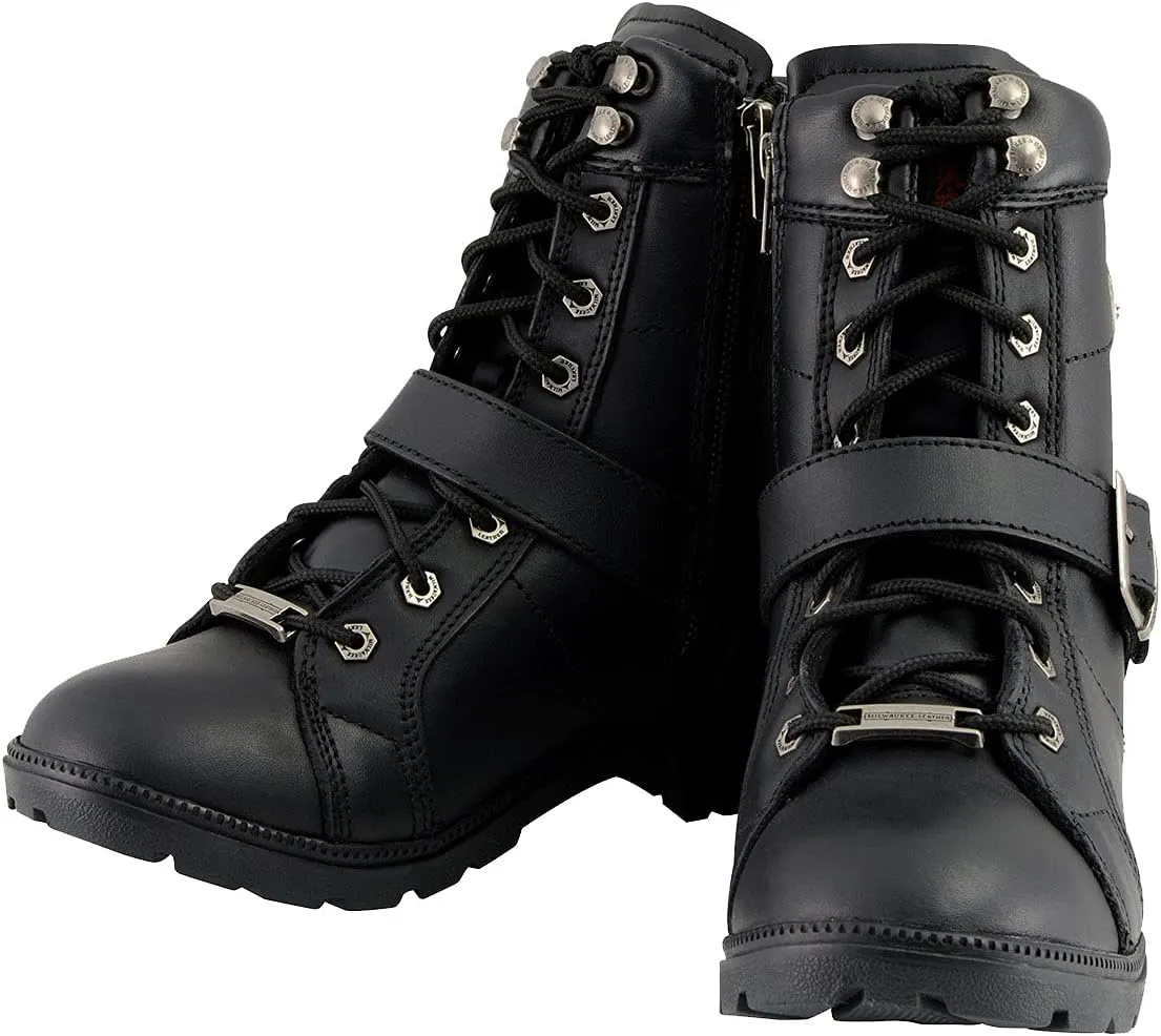 Milwaukee Leather MBL9325W Women's Premium Black Leather Lace-Up Motorcycle Biker Rider Boots in Wide Width Size