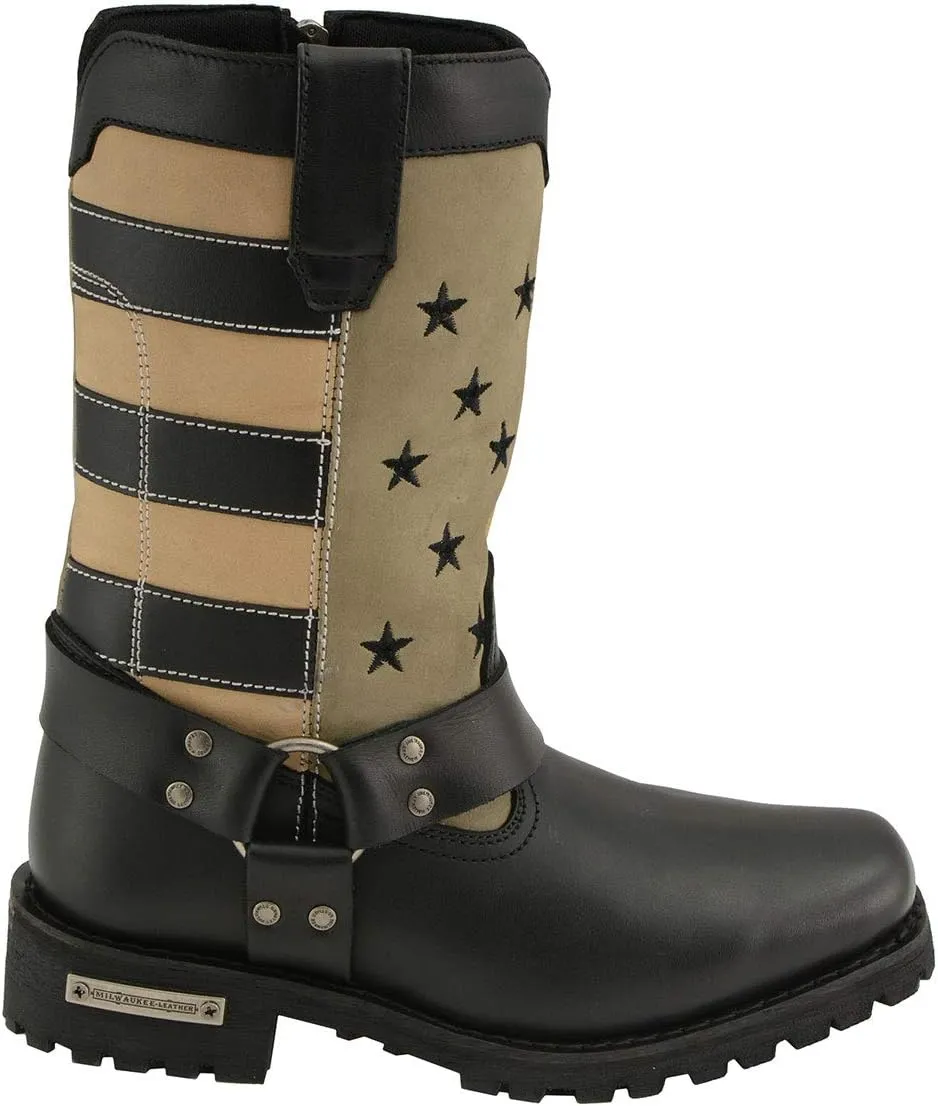 Milwaukee Leather MBL9363 Women’s Stars and Stripes Black with Tan Leather Motorcycle Rider Harness Boots - 10