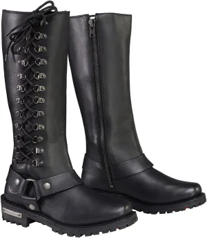 Milwaukee Leather MBL9365 Ladies Black 14 Inch Classic Harness Square Toe Leather Tall Boots with Lacing