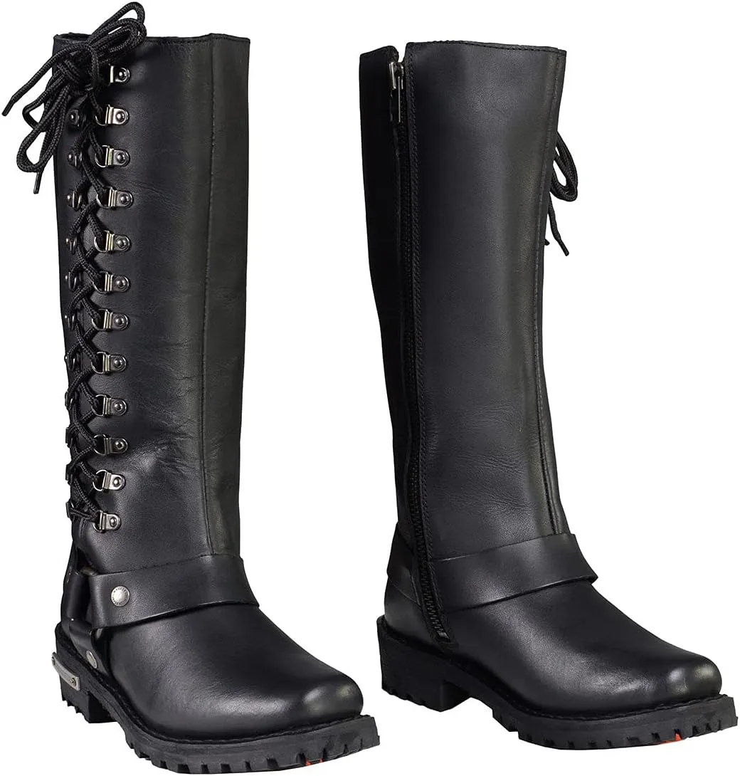 Milwaukee Leather MBL9365 Ladies Black 14 Inch Classic Harness Square Toe Leather Tall Boots with Lacing