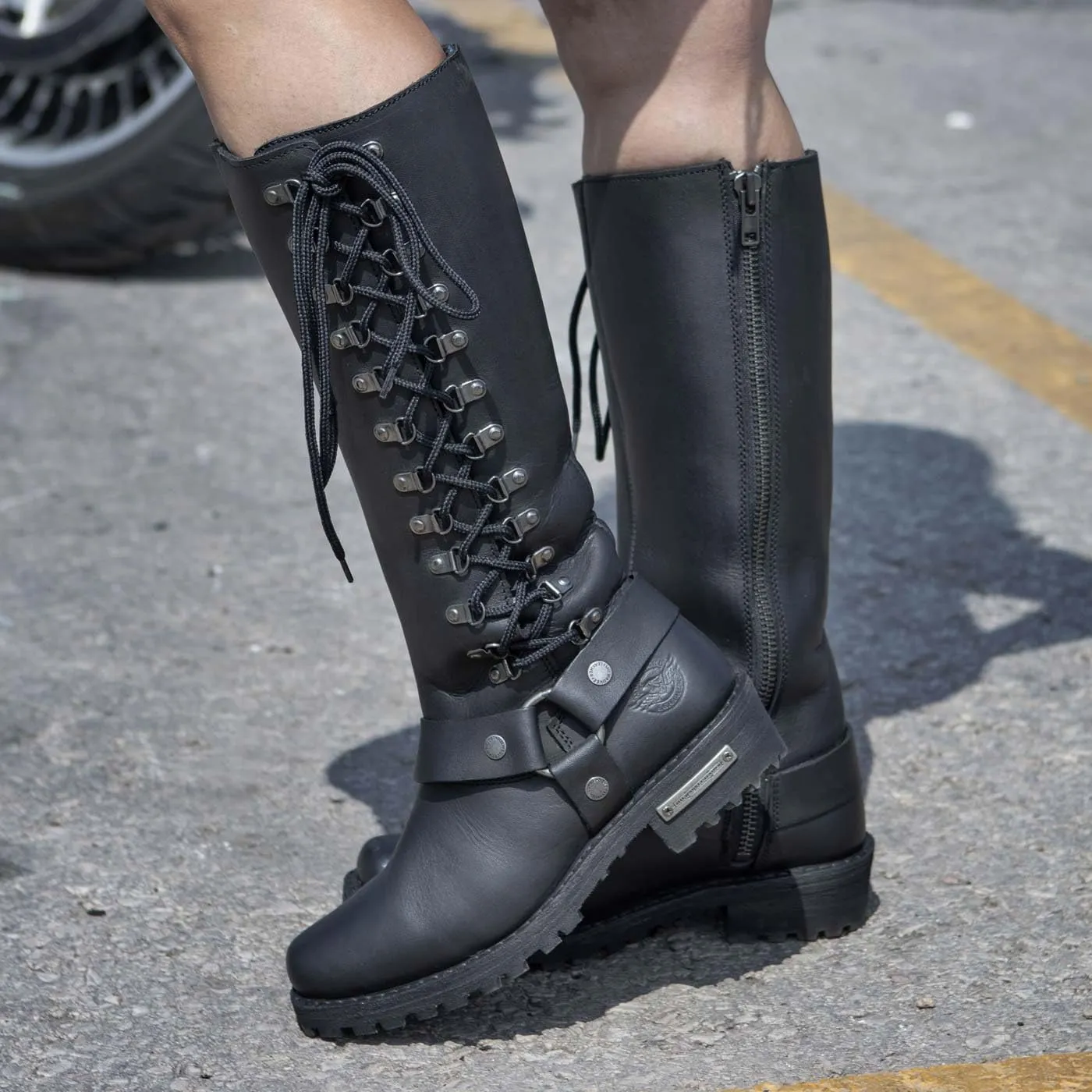 Milwaukee Leather MBL9365 Ladies Black 14 Inch Classic Harness Square Toe Leather Tall Boots with Lacing