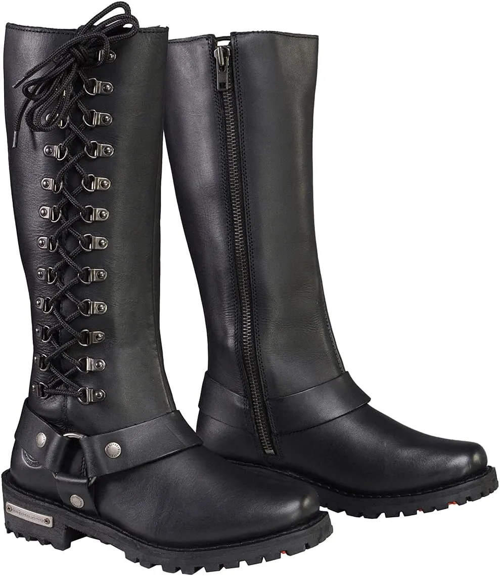 Milwaukee Leather MBL9365 Ladies Black 14 Inch Classic Harness Square Toe Leather Tall Boots with Lacing